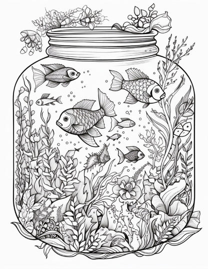 64 Life Inside Jar Printable Coloring Pages for Adults, Grayscale Coloring Book, Printable PDF File Download