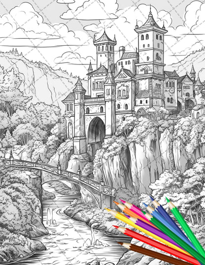 122 Fantasy Castles Coloring Book for Adults, Grayscale Coloring Page, Printable PDF Instant Download
