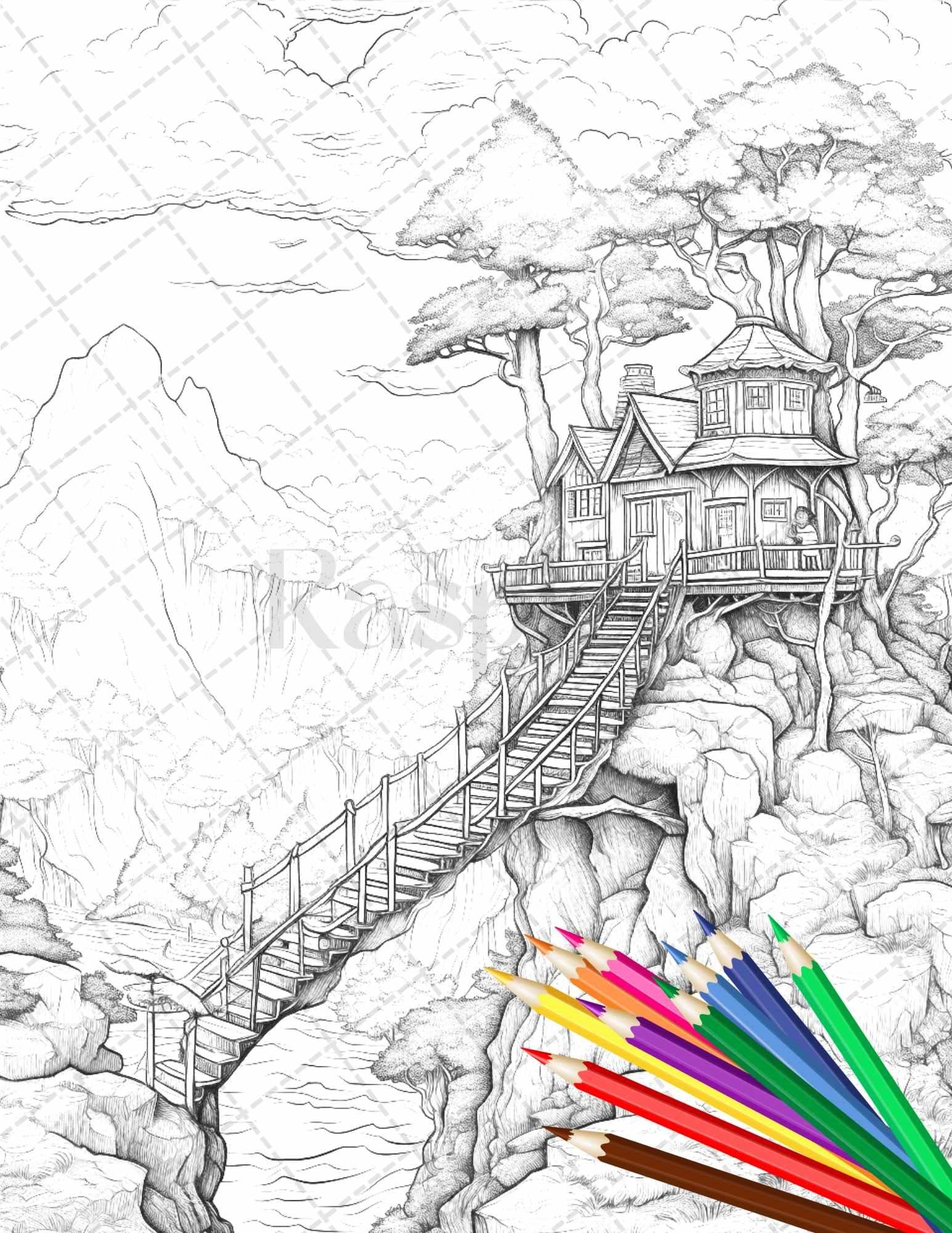 110 Enchanted Treehouse Coloring Book Printable for Adults, Grayscale Coloring Page, PDF File Instant Download
