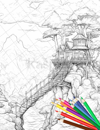 110 Enchanted Treehouse Coloring Book Printable for Adults, Grayscale Coloring Page, PDF File Instant Download