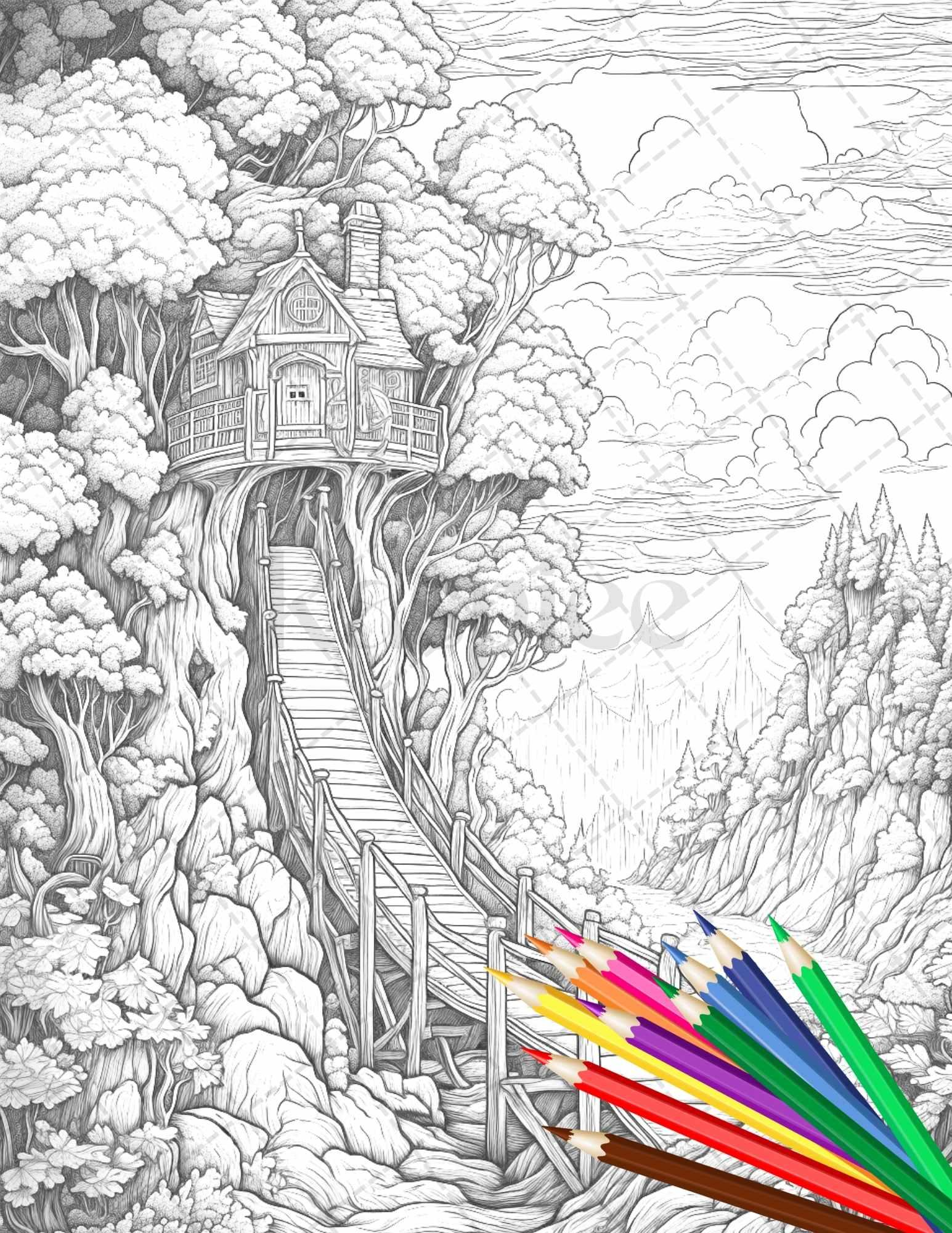 110 Enchanted Treehouse Coloring Book Printable for Adults, Grayscale Coloring Page, PDF File Instant Download