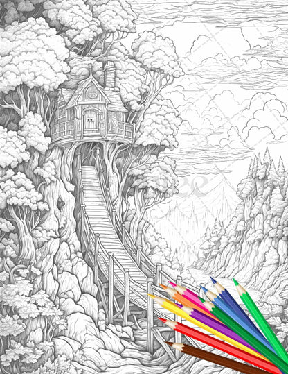 110 Enchanted Treehouse Coloring Book Printable for Adults, Grayscale Coloring Page, PDF File Instant Download