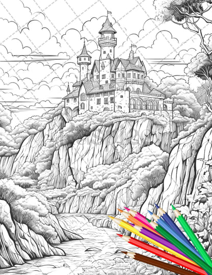 122 Fantasy Castles Coloring Book for Adults, Grayscale Coloring Page, Printable PDF Instant Download