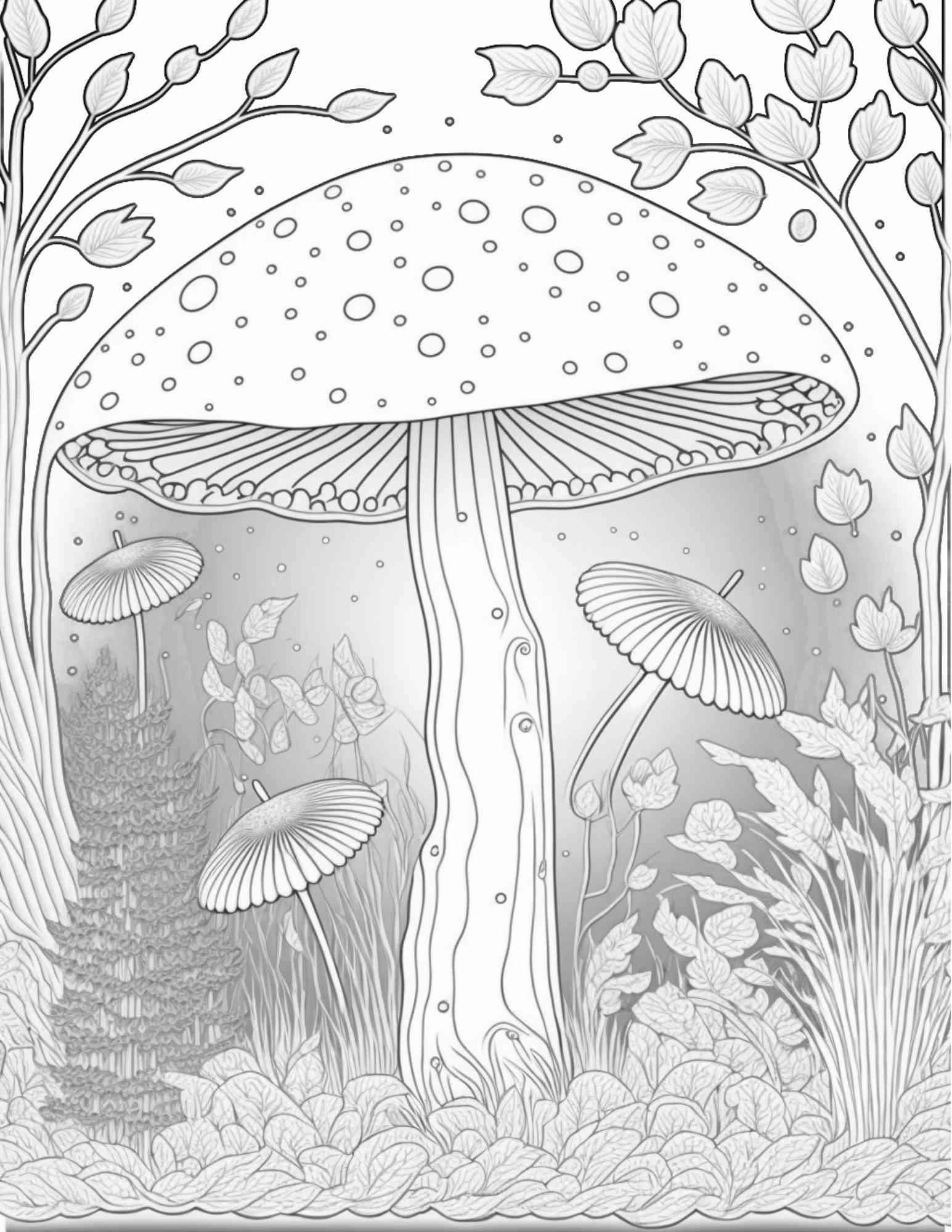 100 Mushroom Forest Coloring Pages Printable for Adults and Kids, Grayscale Coloring Book, Printable PDF File Instant Download