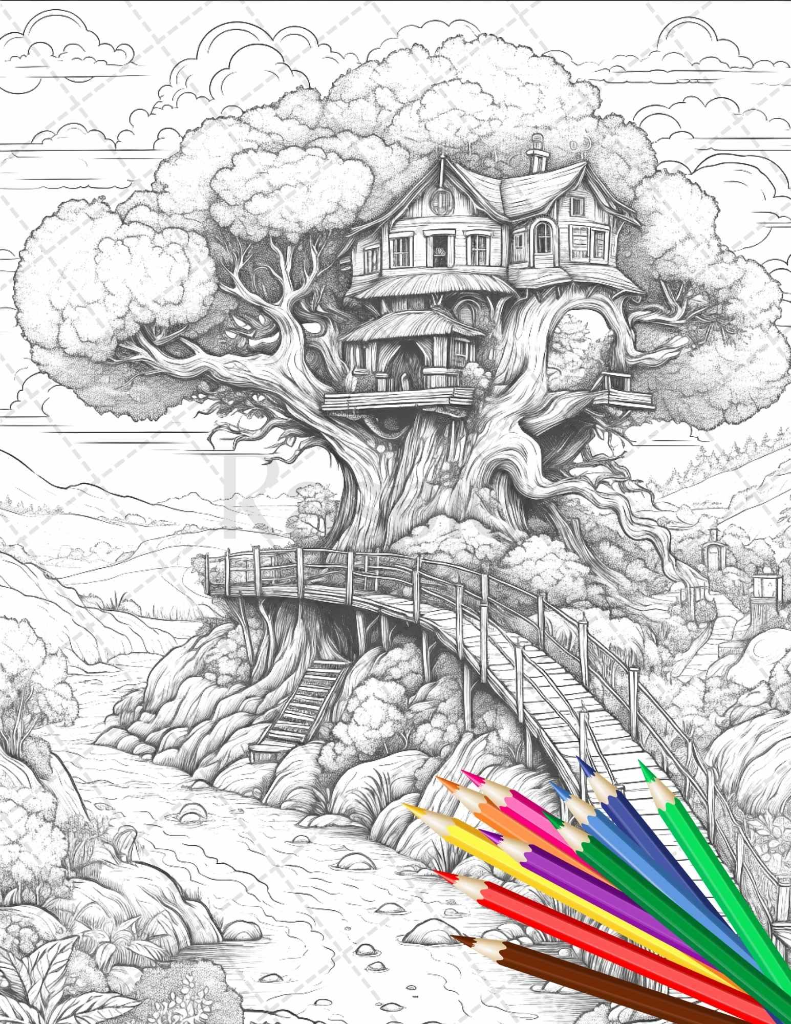 110 Enchanted Treehouse Coloring Book Printable for Adults, Grayscale Coloring Page, PDF File Instant Download