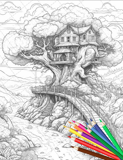 110 Enchanted Treehouse Coloring Book Printable for Adults, Grayscale Coloring Page, PDF File Instant Download