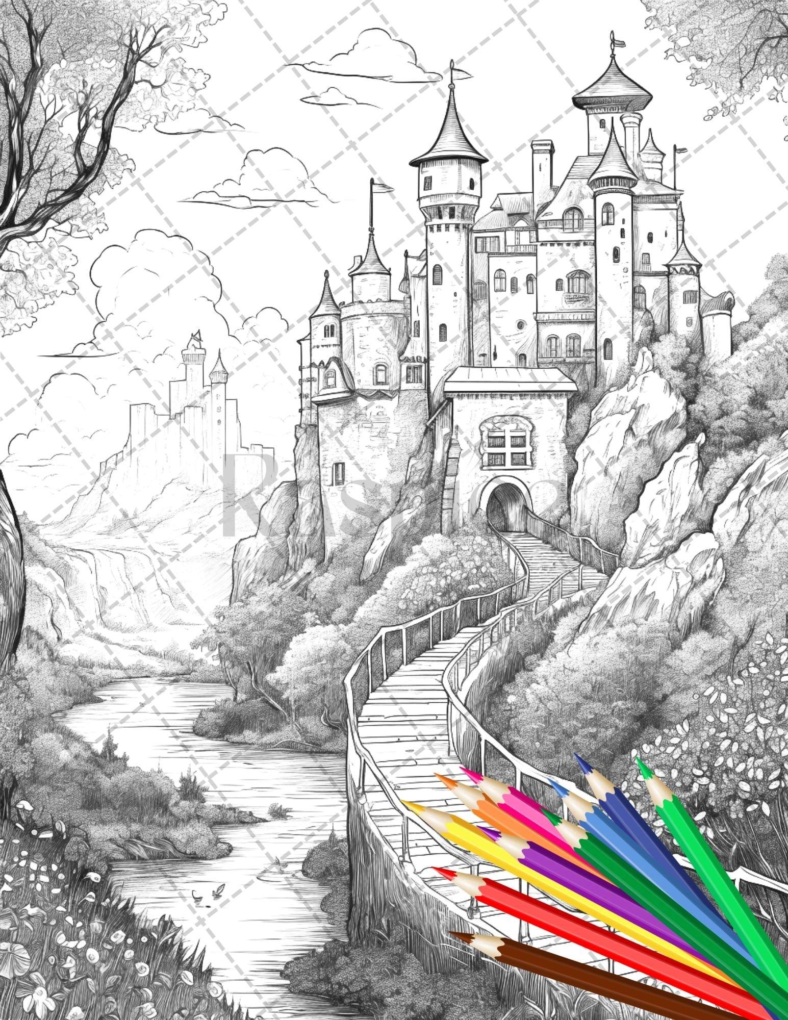 122 Fantasy Castles Coloring Book for Adults, Grayscale Coloring Page, Printable PDF Instant Download