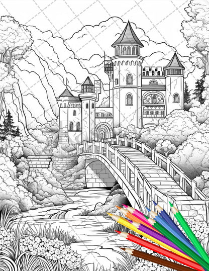 122 Fantasy Castles Coloring Book for Adults, Grayscale Coloring Page, Printable PDF Instant Download