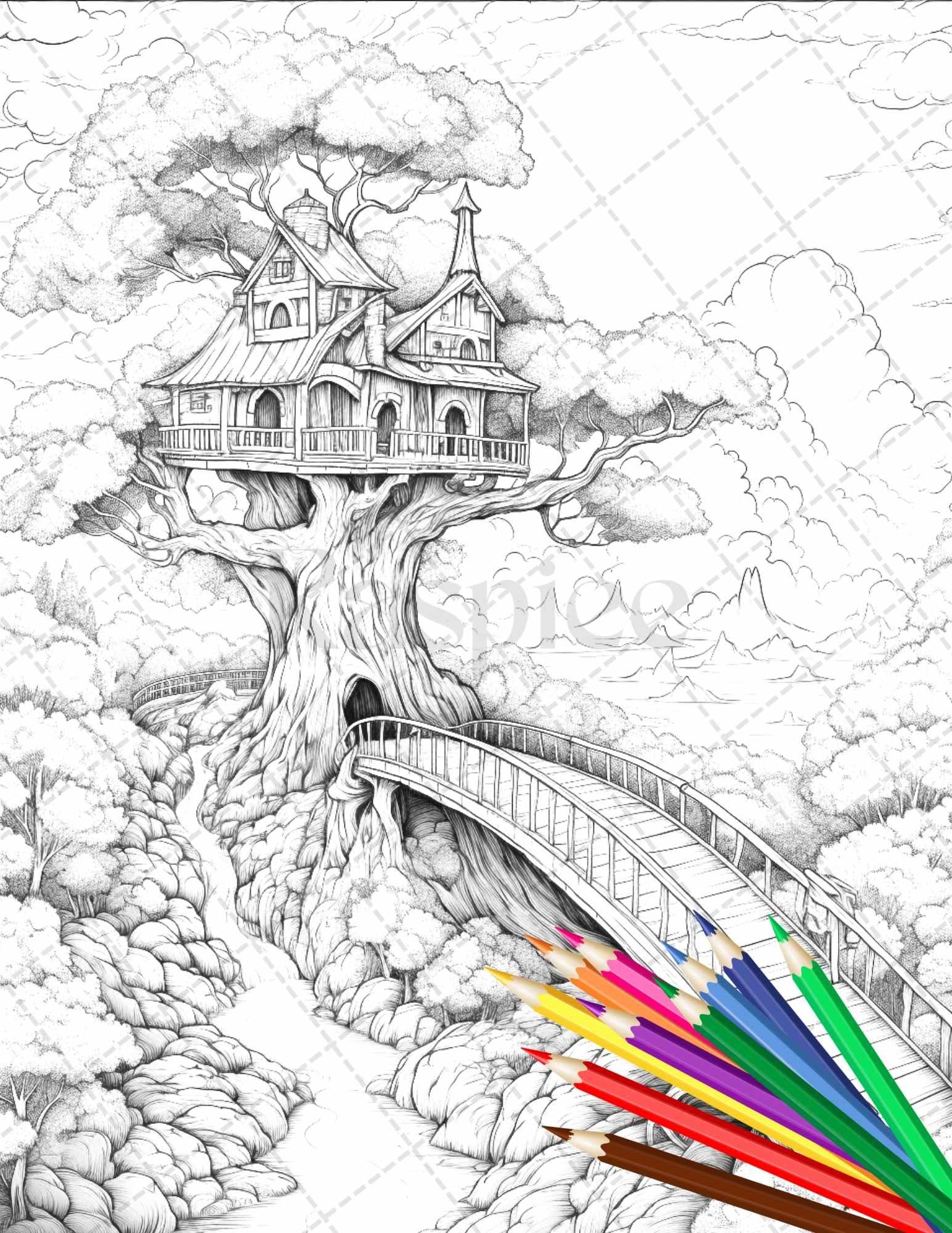 110 Enchanted Treehouse Coloring Book Printable for Adults, Grayscale Coloring Page, PDF File Instant Download