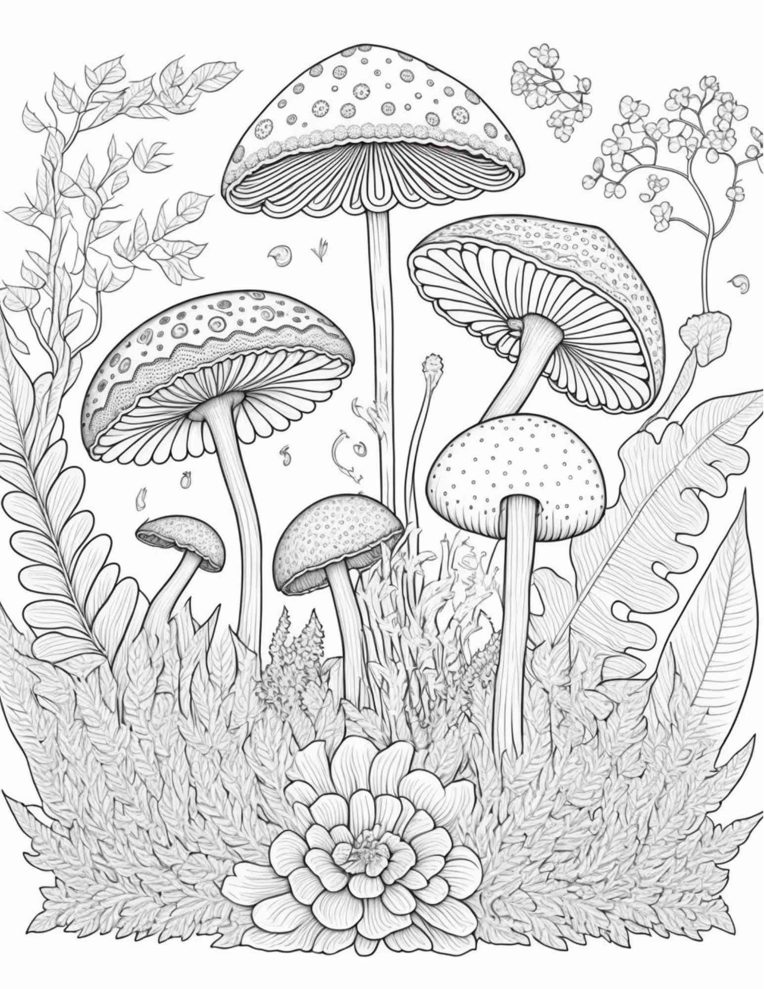 100 Mushroom Forest Coloring Pages Printable for Adults and Kids, Grayscale Coloring Book, Printable PDF File Instant Download