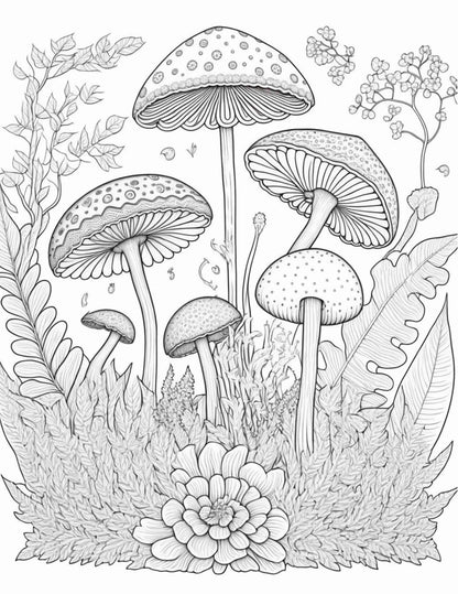 100 Mushroom Forest Coloring Pages Printable for Adults and Kids, Grayscale Coloring Book, Printable PDF File Instant Download