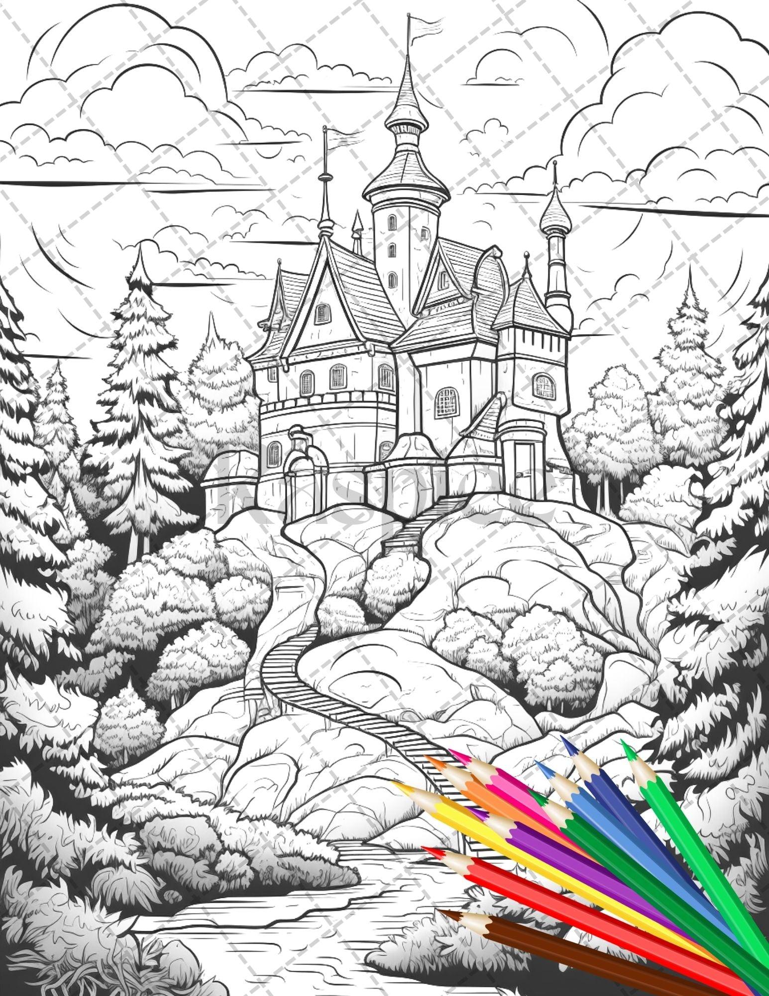 122 Fantasy Castles Coloring Book for Adults, Grayscale Coloring Page, Printable PDF Instant Download