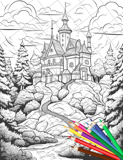 122 Fantasy Castles Coloring Book for Adults, Grayscale Coloring Page, Printable PDF Instant Download