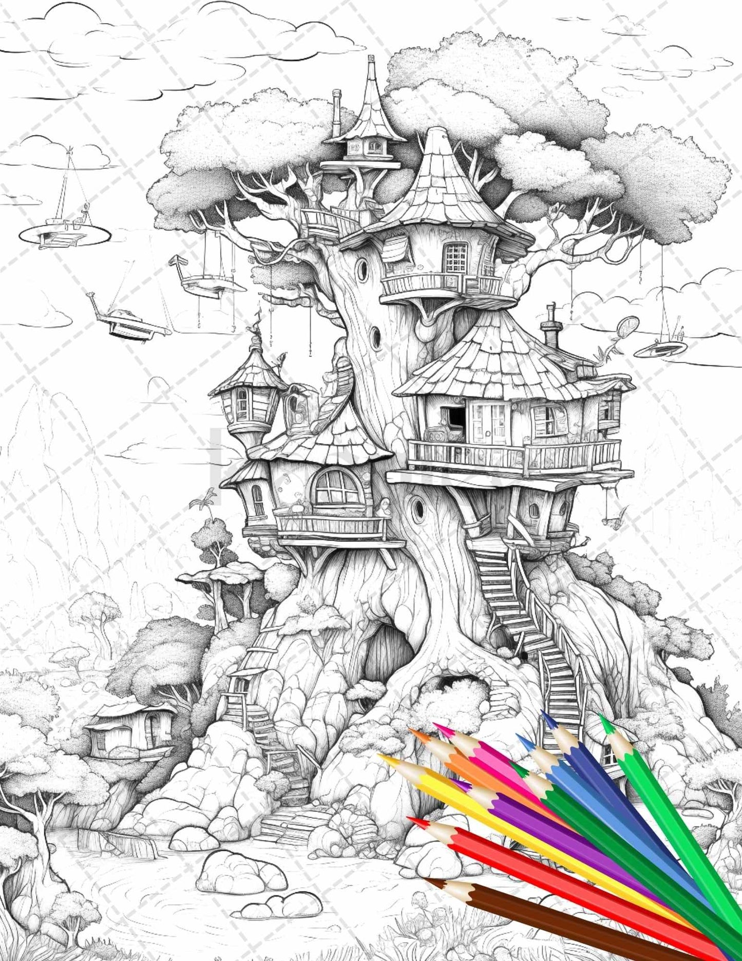 110 Enchanted Treehouse Coloring Book Printable for Adults, Grayscale Coloring Page, PDF File Instant Download