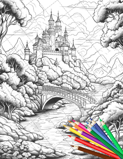 122 Fantasy Castles Coloring Book for Adults, Grayscale Coloring Page, Printable PDF Instant Download