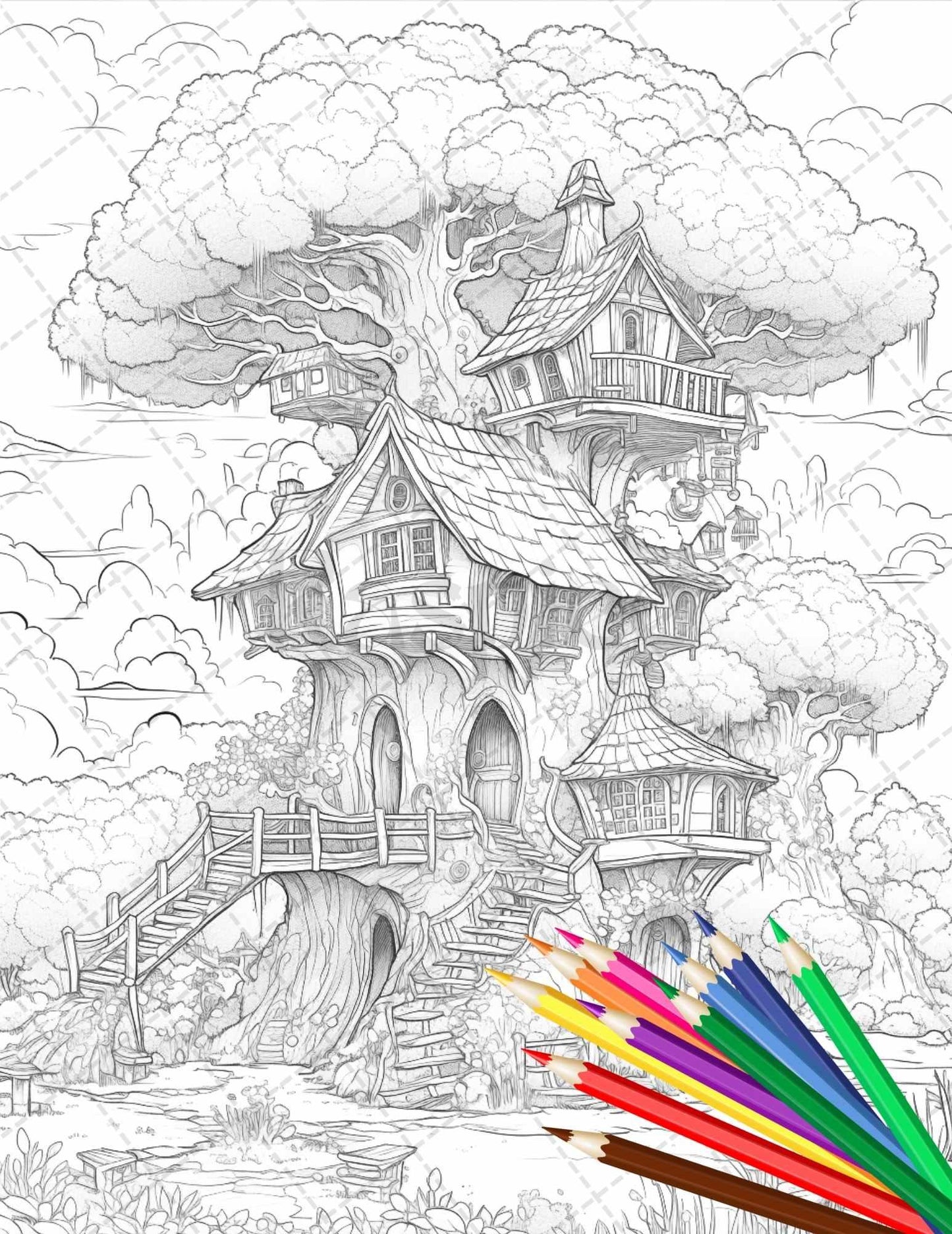110 Enchanted Treehouse Coloring Book Printable for Adults, Grayscale Coloring Page, PDF File Instant Download