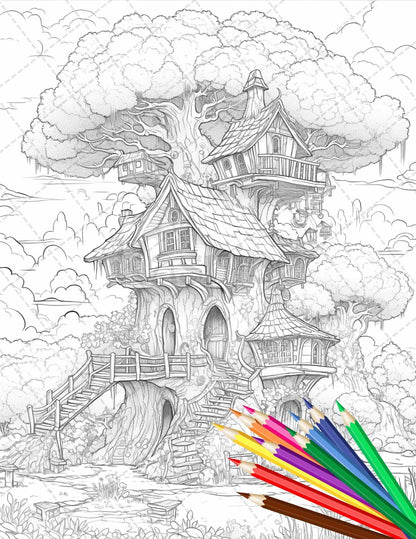110 Enchanted Treehouse Coloring Book Printable for Adults, Grayscale Coloring Page, PDF File Instant Download