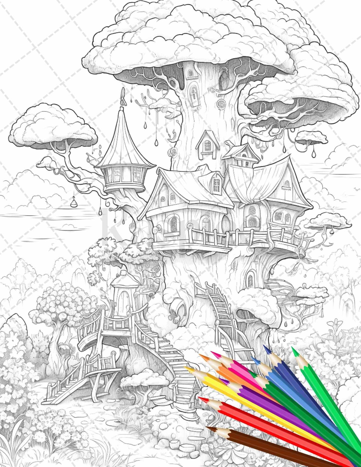 110 Enchanted Treehouse Coloring Book Printable for Adults, Grayscale Coloring Page, PDF File Instant Download
