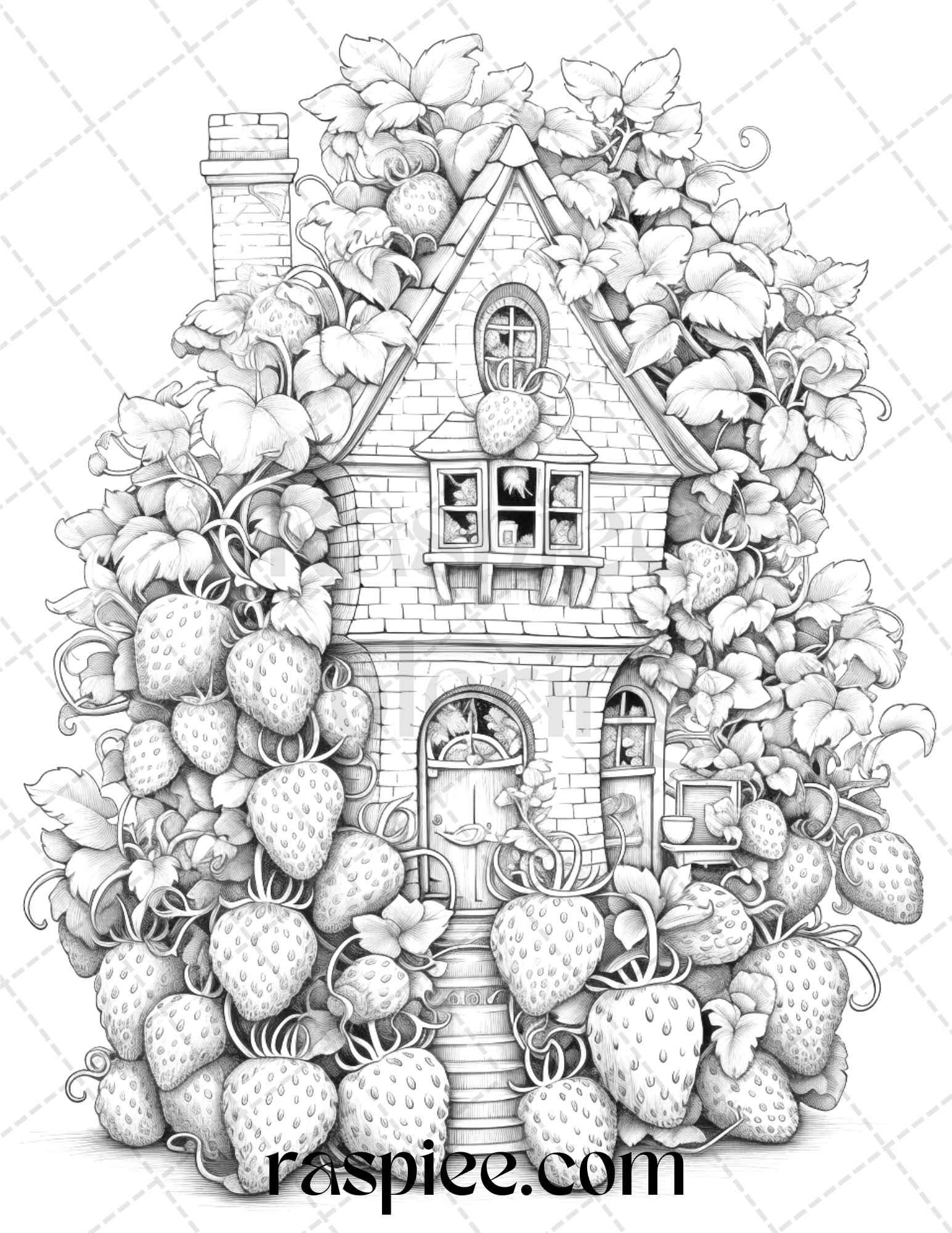 50 Strawberry Houses Grayscale Coloring Pages Printable for Adults Kids, PDF File Instant Download