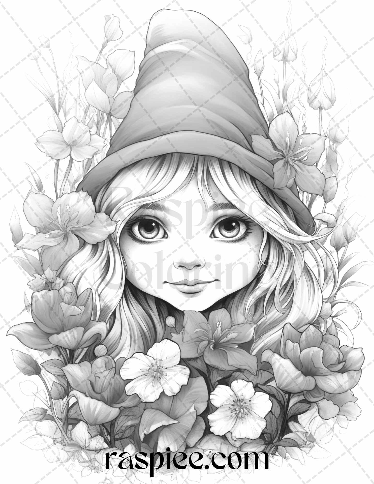 50 Flower Gnomes Grayscale Coloring Pages Printable for Adults Kids, PDF File Instant Download