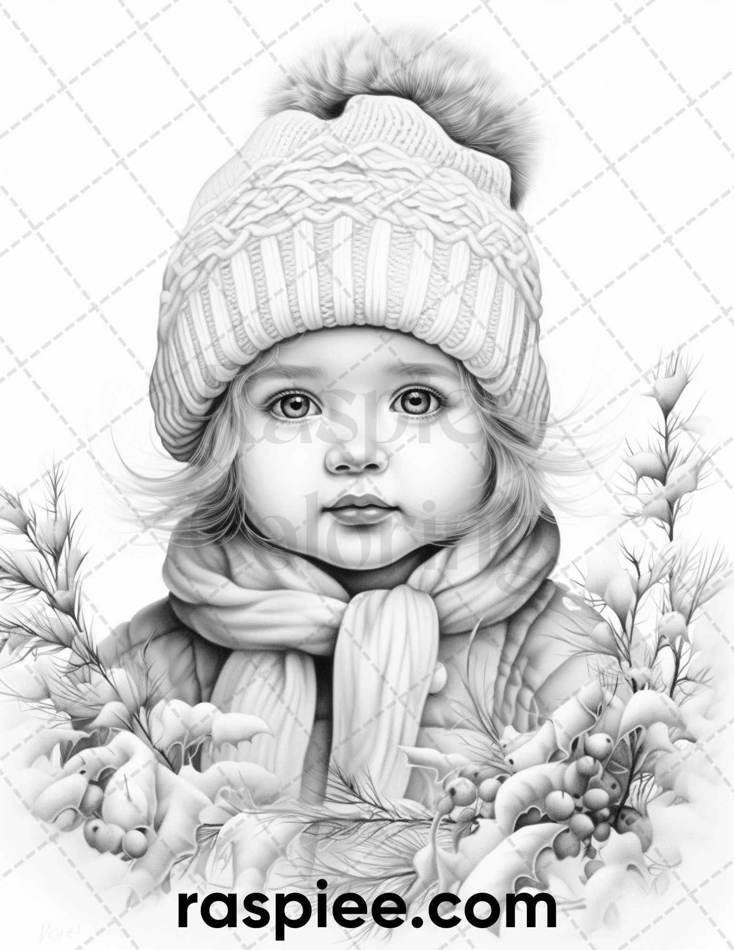 50 Baby Winter Portrait Grayscale Coloring Pages Printable for Adults, PDF File Instant Download