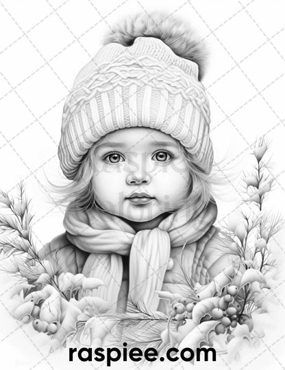 50 Baby Winter Portrait Grayscale Coloring Pages Printable for Adults, PDF File Instant Download