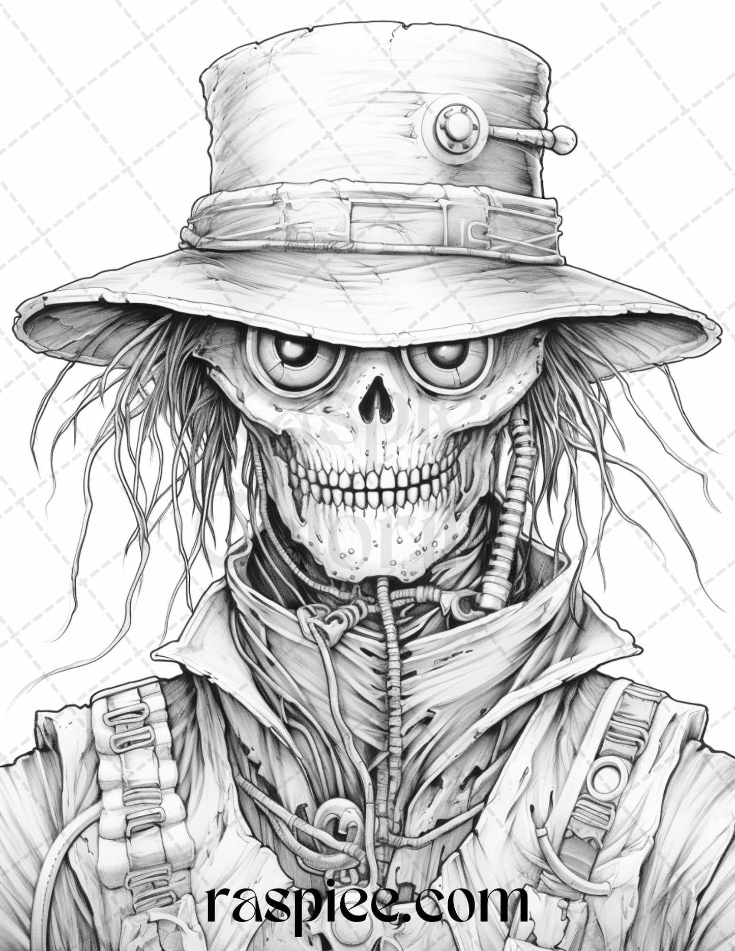 53 Scary Steampunk Scarecrows Grayscale Coloring Pages Printable for Adults, PDF File Instant Download