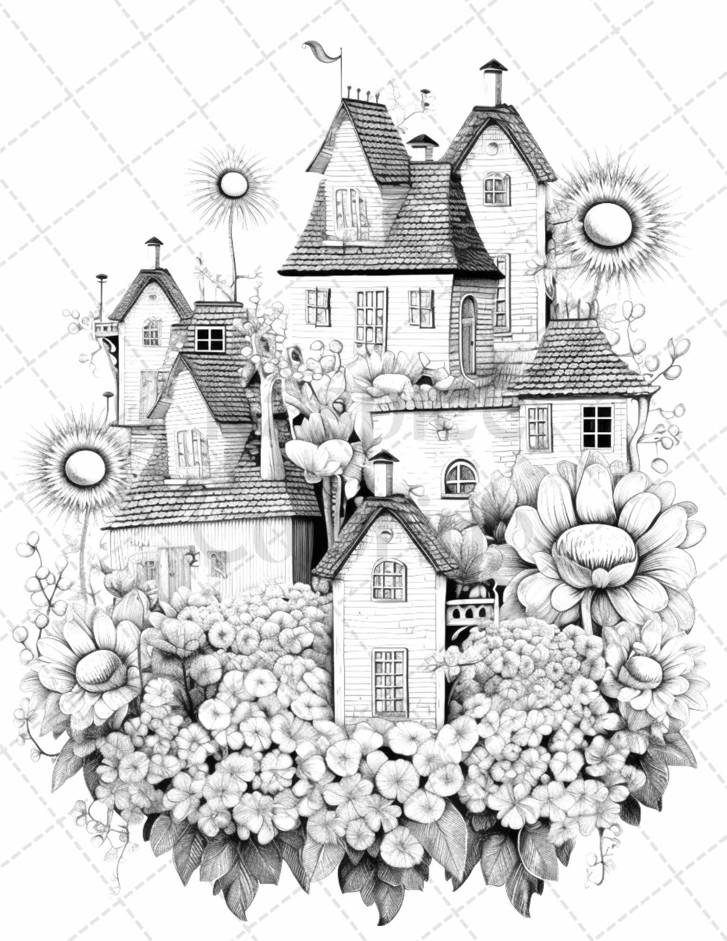 60 Flower Houses Grayscale Coloring Pages Printable for Adults, PDF File Instant Download