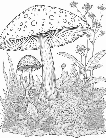 100 Mushroom Forest Coloring Pages Printable for Adults and Kids, Grayscale Coloring Book, Printable PDF File Instant Download