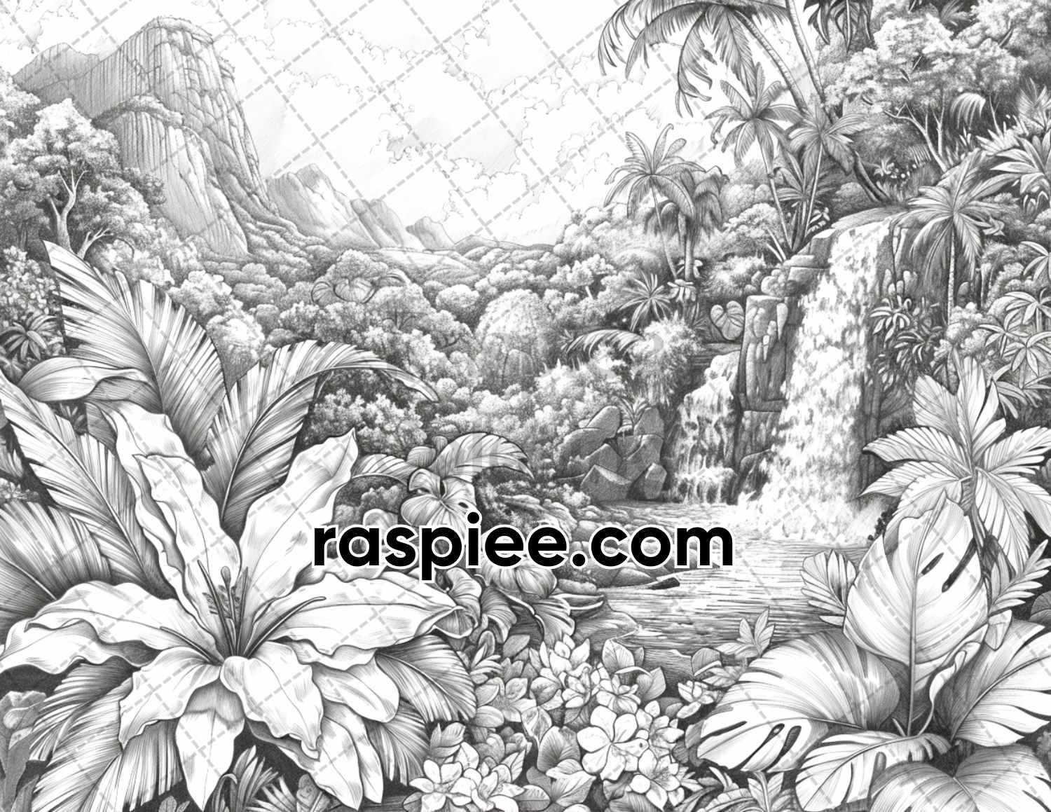65 Rainforest Waterfall Grayscale Adult Coloring Pages, Printable PDF Instant Download