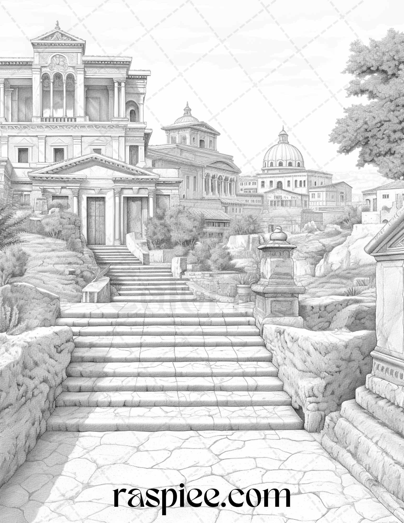 Roman Architecture Grayscale Coloring Pages Printable for Adults, PDF File Instant Download