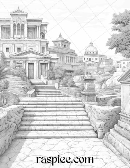 Roman Architecture Grayscale Coloring Pages Printable for Adults, PDF File Instant Download