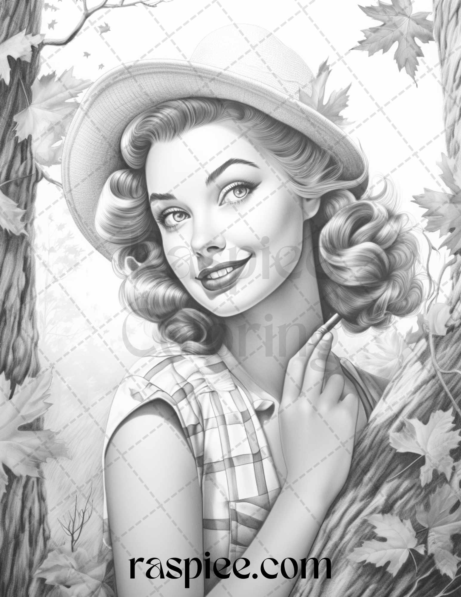 55 Autumn Pin Up Girls Grayscale Coloring Pages Printable for Adults, PDF File Instant Download