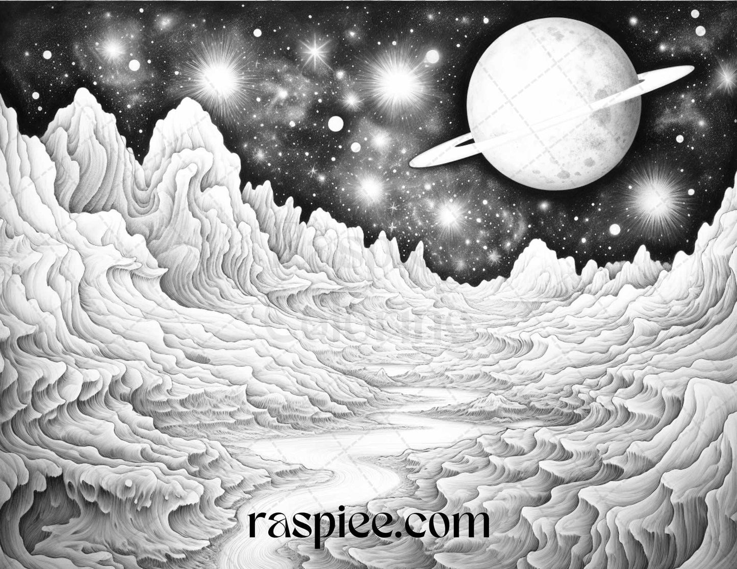 55 Celestial Landscapes Grayscale Coloring Pages Printable for Adults, PDF File Instant Download
