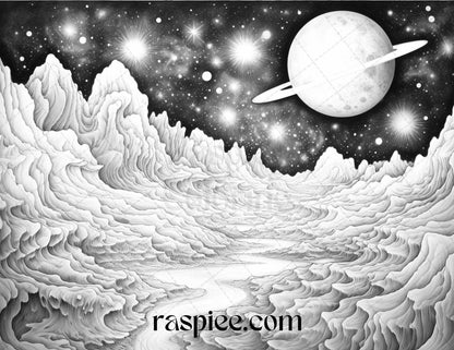 55 Celestial Landscapes Grayscale Coloring Pages Printable for Adults, PDF File Instant Download