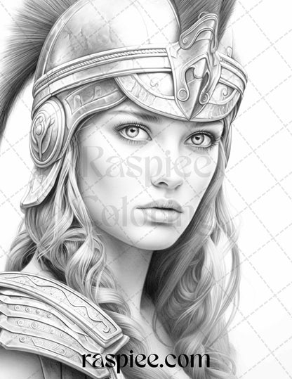 Greek Women Warriors Grayscale Coloring Pages for Adults, Printable PDF File Instant Download
