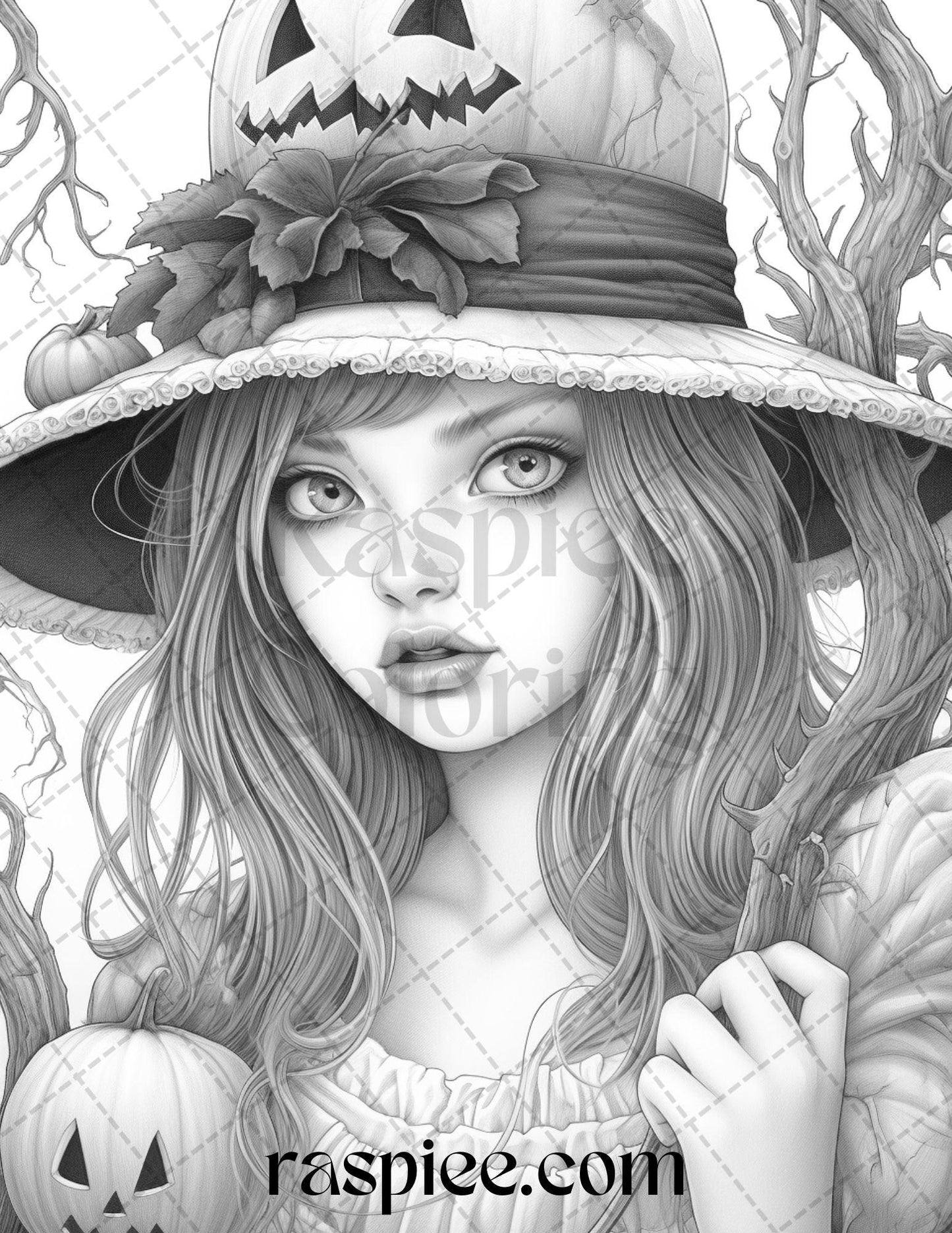 55 Halloween Girls Grayscale Coloring Pages Printable for Adults, PDF File Instant Download