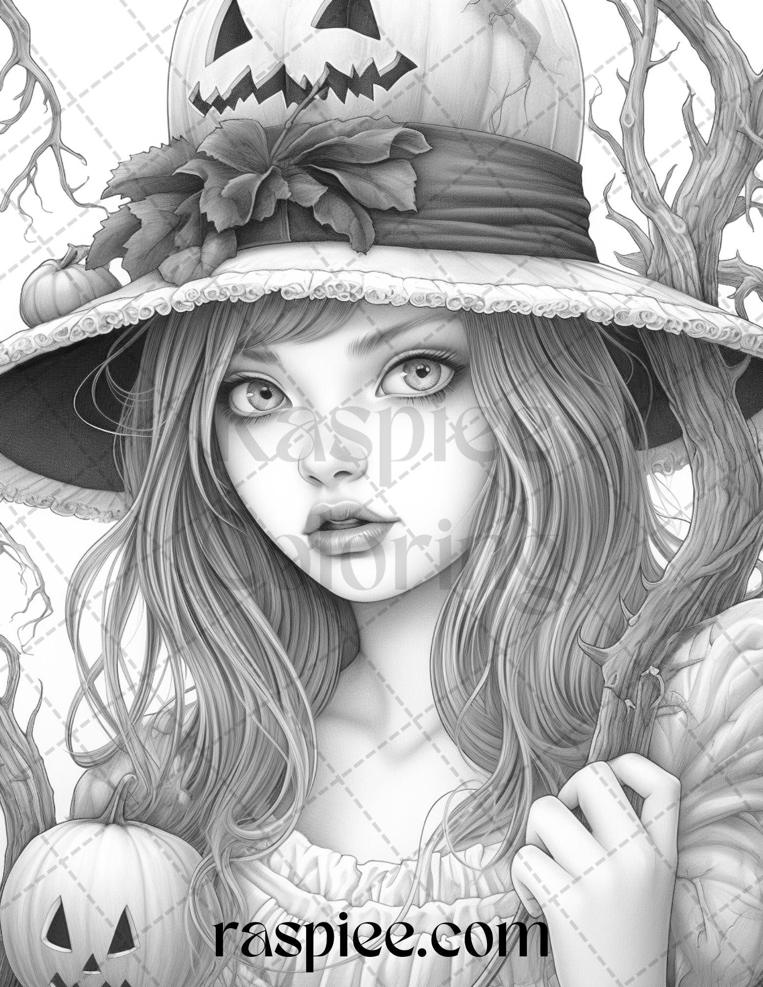55 Halloween Girls Grayscale Coloring Pages Printable for Adults, PDF File Instant Download
