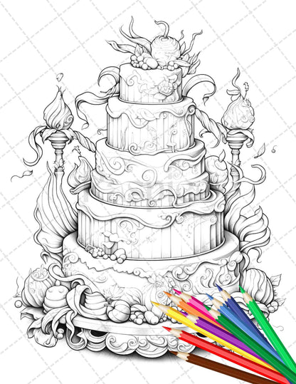 38 Whimsical Cakes Grayscale Coloring Pages for Adults, PDF File Instant Download