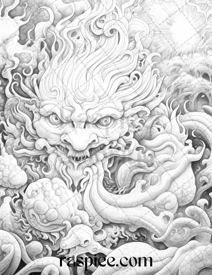 53 Surreal Creatures Grayscale Coloring Pages for Adults, Printable PDF File Instant Download