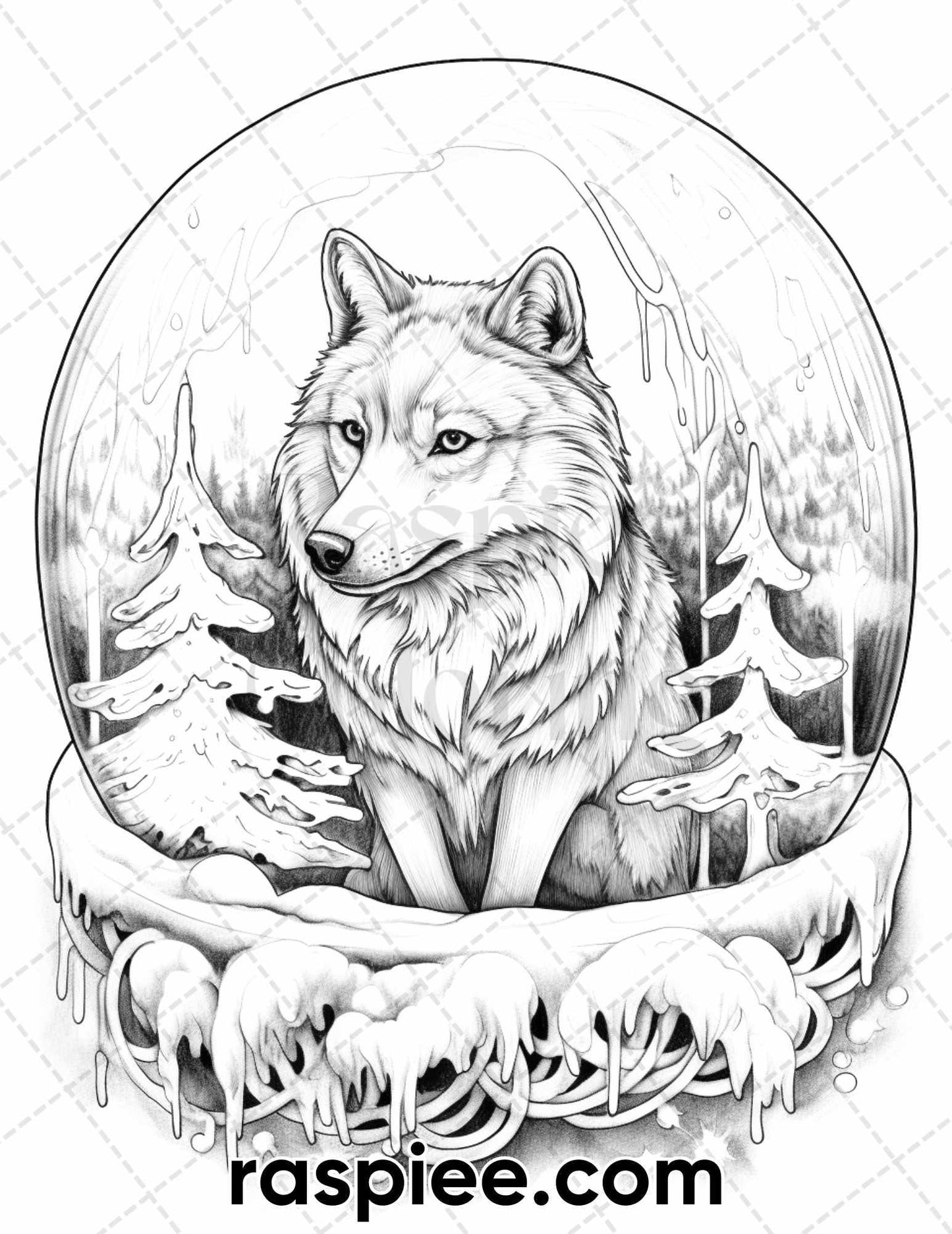 50 Winter Wolf Grayscale Coloring Pages for Adults, Printable PDF Instant Download