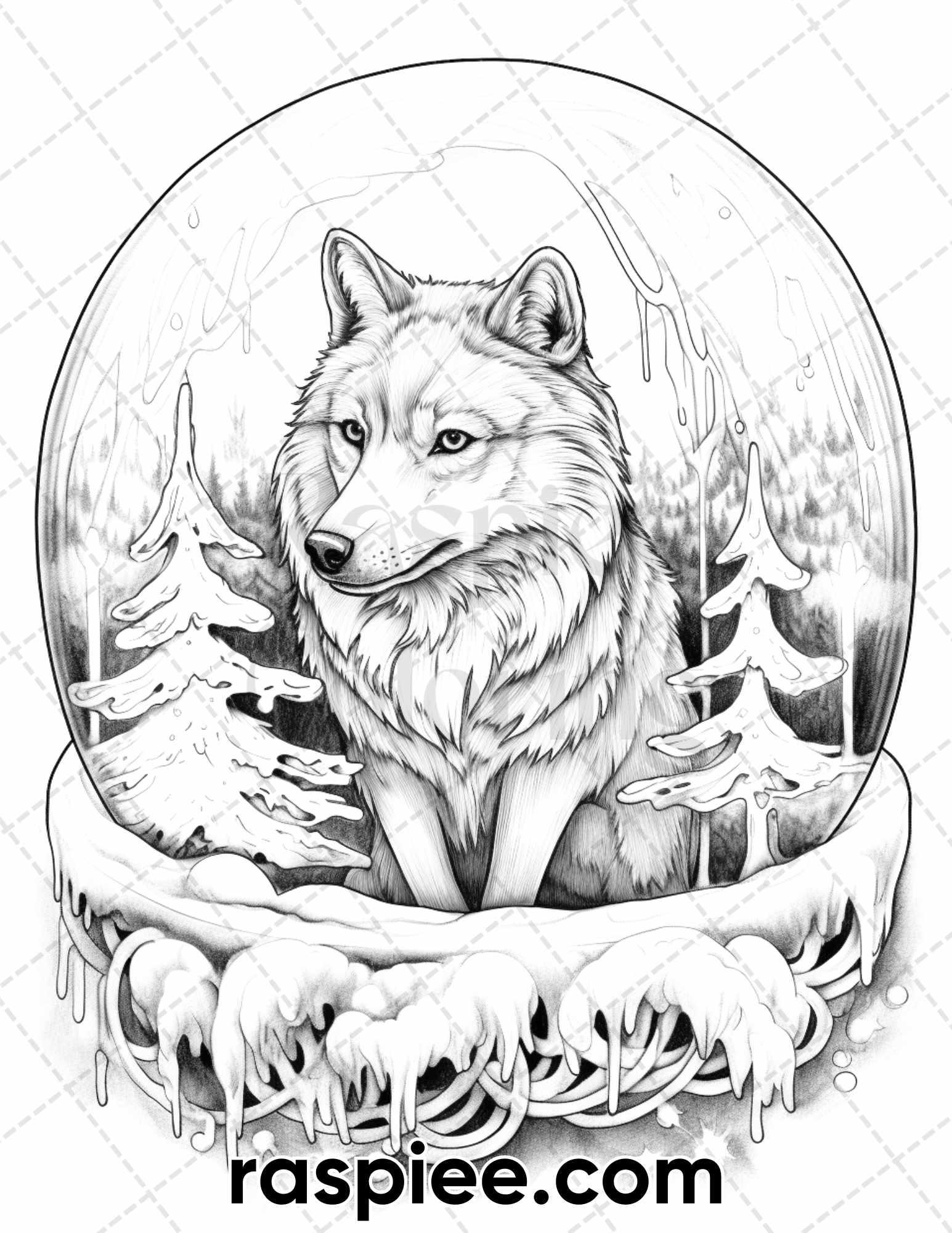 50 Winter Wolf Grayscale Coloring Pages for Adults, Printable PDF Instant Download