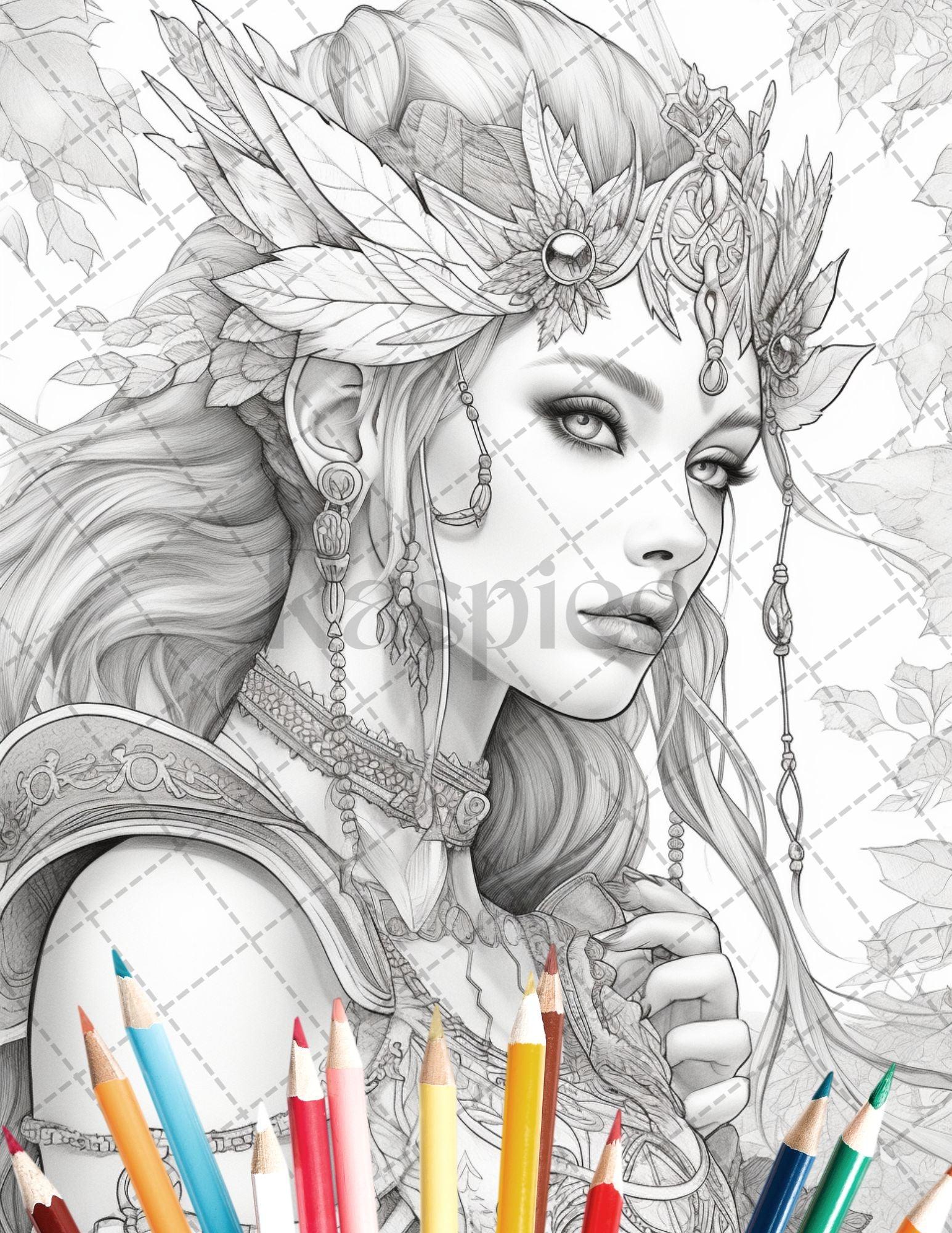 35 Beautiful Printable Elf Girls Coloring Book for Adults, Grayscale Coloring Page, PDF File Instant Download