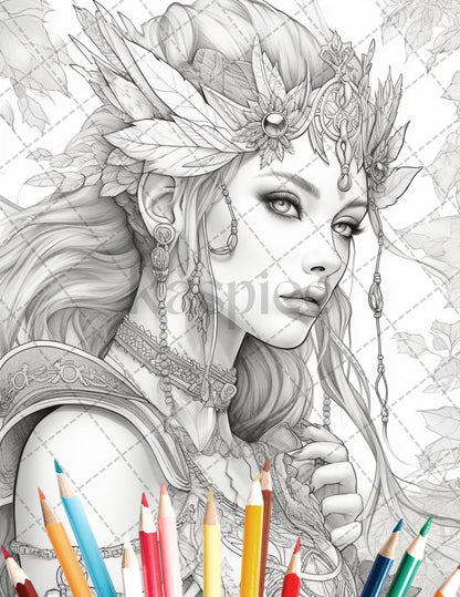 35 Beautiful Printable Elf Girls Coloring Book for Adults, Grayscale Coloring Page, PDF File Instant Download