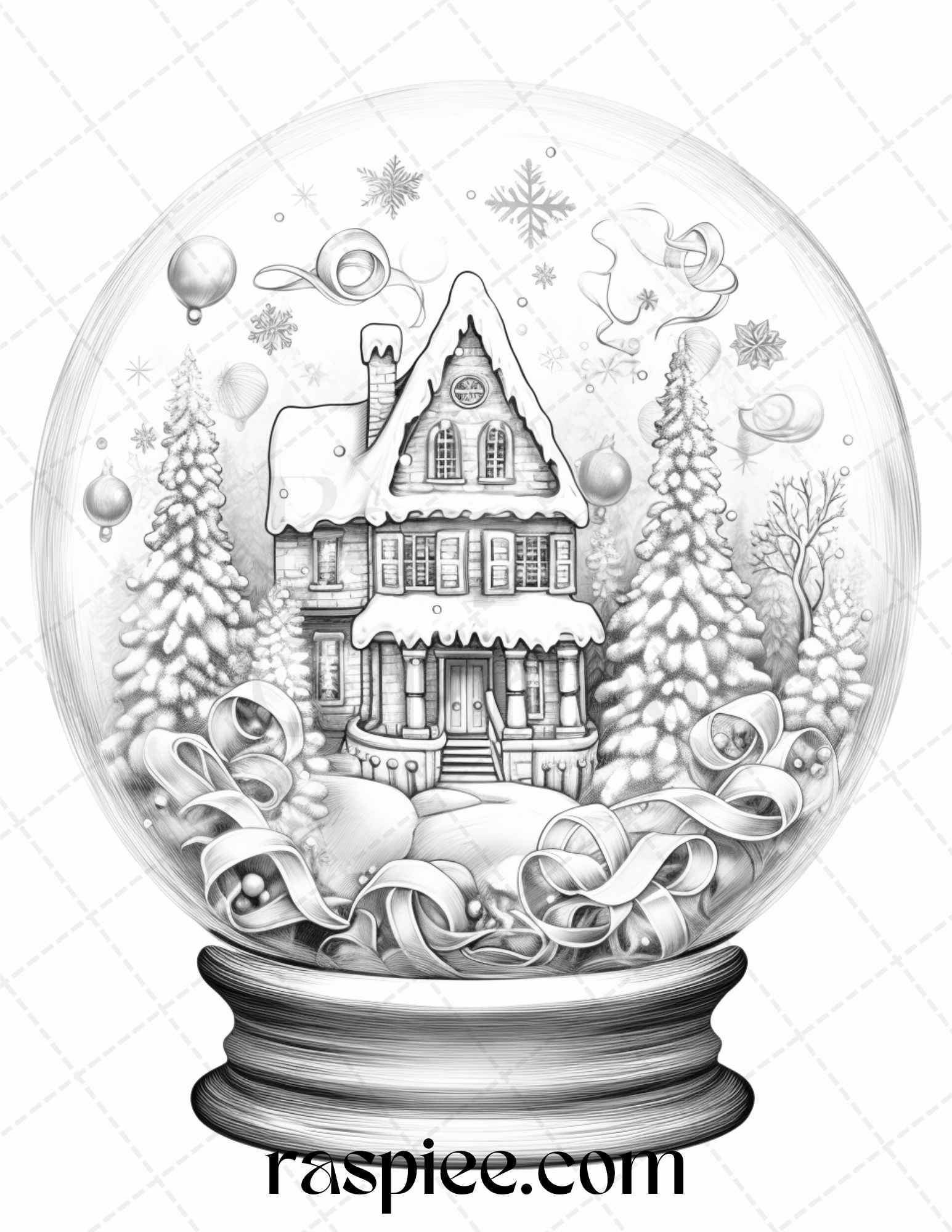 Cozy Cabin in Snow Globe Grayscale Coloring Pages Printable for Adults, PDF File Instant Download