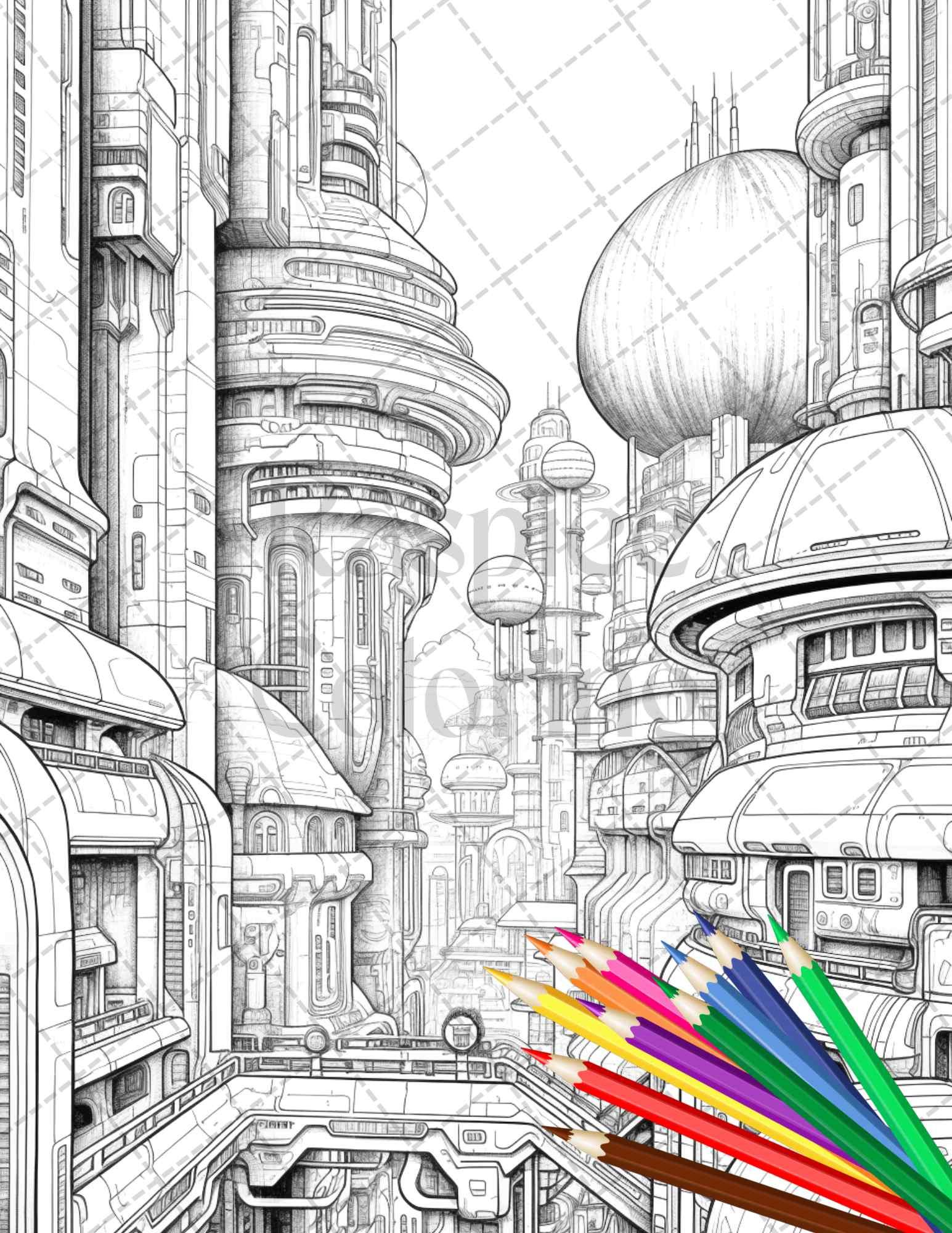 50 Futuristic Metropolis Grayscale Coloring Pages Printable for Adults, PDF File Instant Download