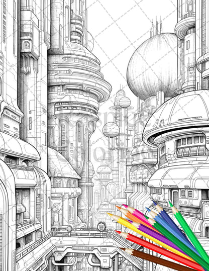 50 Futuristic Metropolis Grayscale Coloring Pages Printable for Adults, PDF File Instant Download