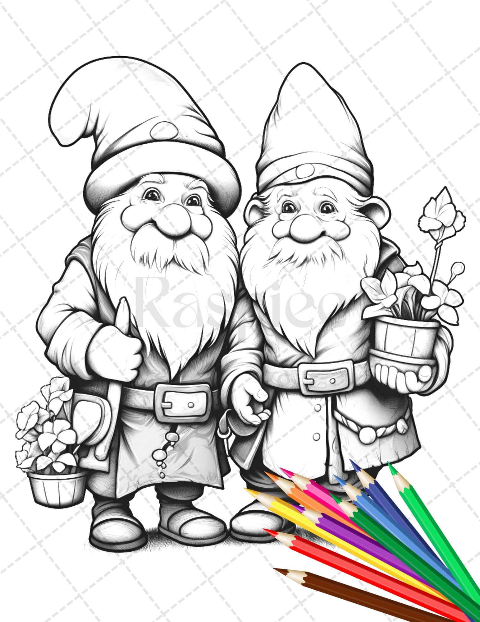 33 Gnome Love Coloring Pages Printable for Adults, Grayscale Coloring Page, PDF File Instant Download