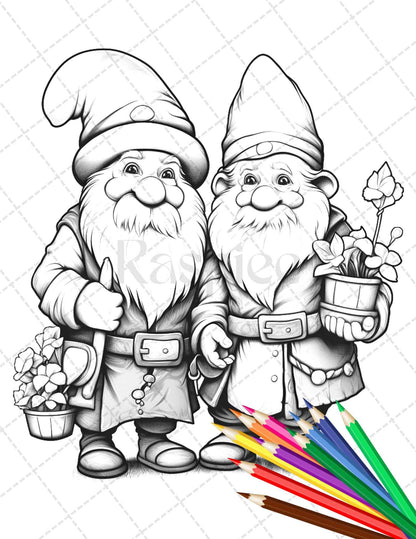 33 Gnome Love Coloring Pages Printable for Adults, Grayscale Coloring Page, PDF File Instant Download