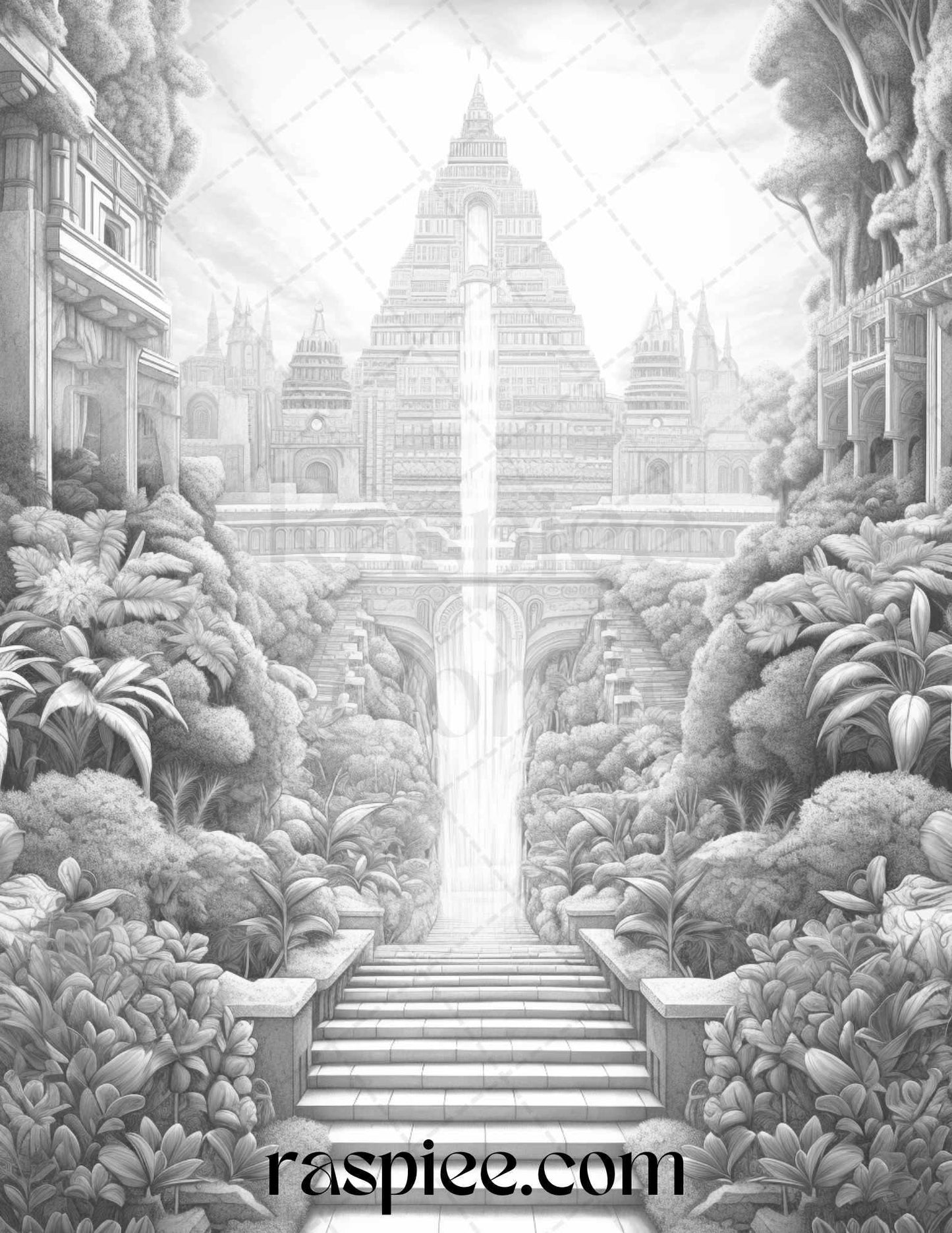 Hanging Gardens of Babylon Grayscale Coloring Pages Printable, PDF File Instant Download